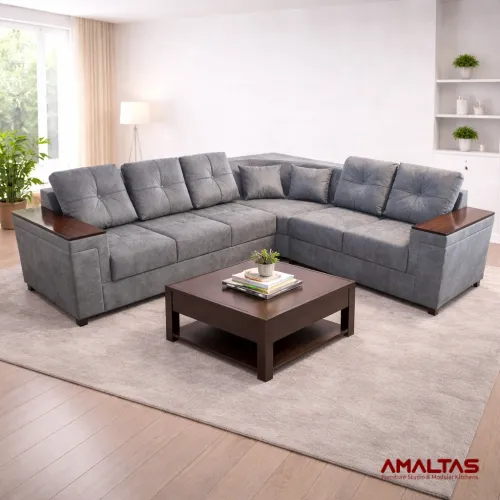 Amaltas L Shaped Sofa with Wooden Handles – Sofa in Dehradun