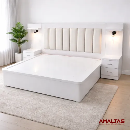 Amaltas White Bed with Platform and Fully Hydrolic Storage – Bed in Dehradun
