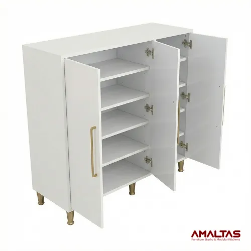 Amaltas Glossy White Shoe Rack in Plywood & Mica Lamination – Wardrobe in Dehradun