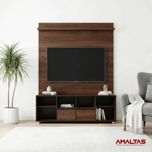 Amaltas Wooden TV Unit with Open Shelf and Drawers – TV Unit in Dehradun