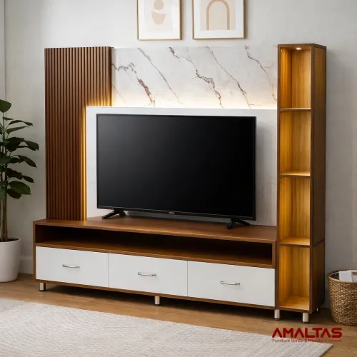 Amaltas TV Unit with Lowers Design, Back Light and Open Rack – TV Unit in Dehradun