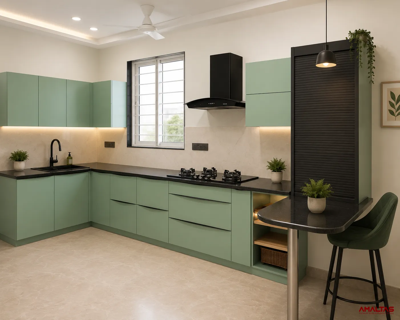 Amaltas Green Acrylic Modular Kitchen with Hettich Hardware and Boilio board – Modular Kitchen in Dehradun