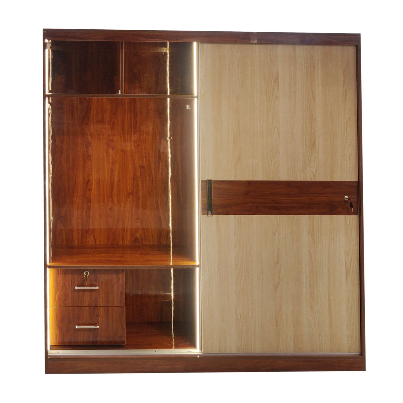 Amaltas Hi Gloss Slider Wardrobe in Mica and Ply ~ With Profile Lights