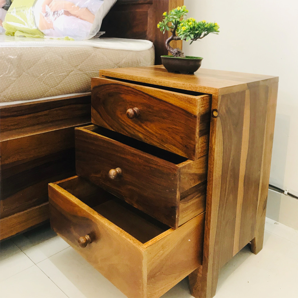 Amaltas Sheesham Wood Bedside Table Three Drawer